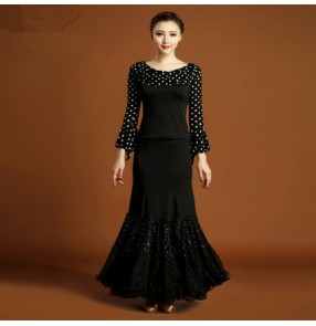 Red black patchwork white polka dot long sleeves top and swing hem skirts women's ladies competition performance ballroom dance waltz tango dance dresses sets